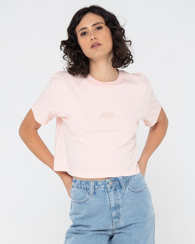 RUSTY SCRIPT RELAXED FIT CROP TEE