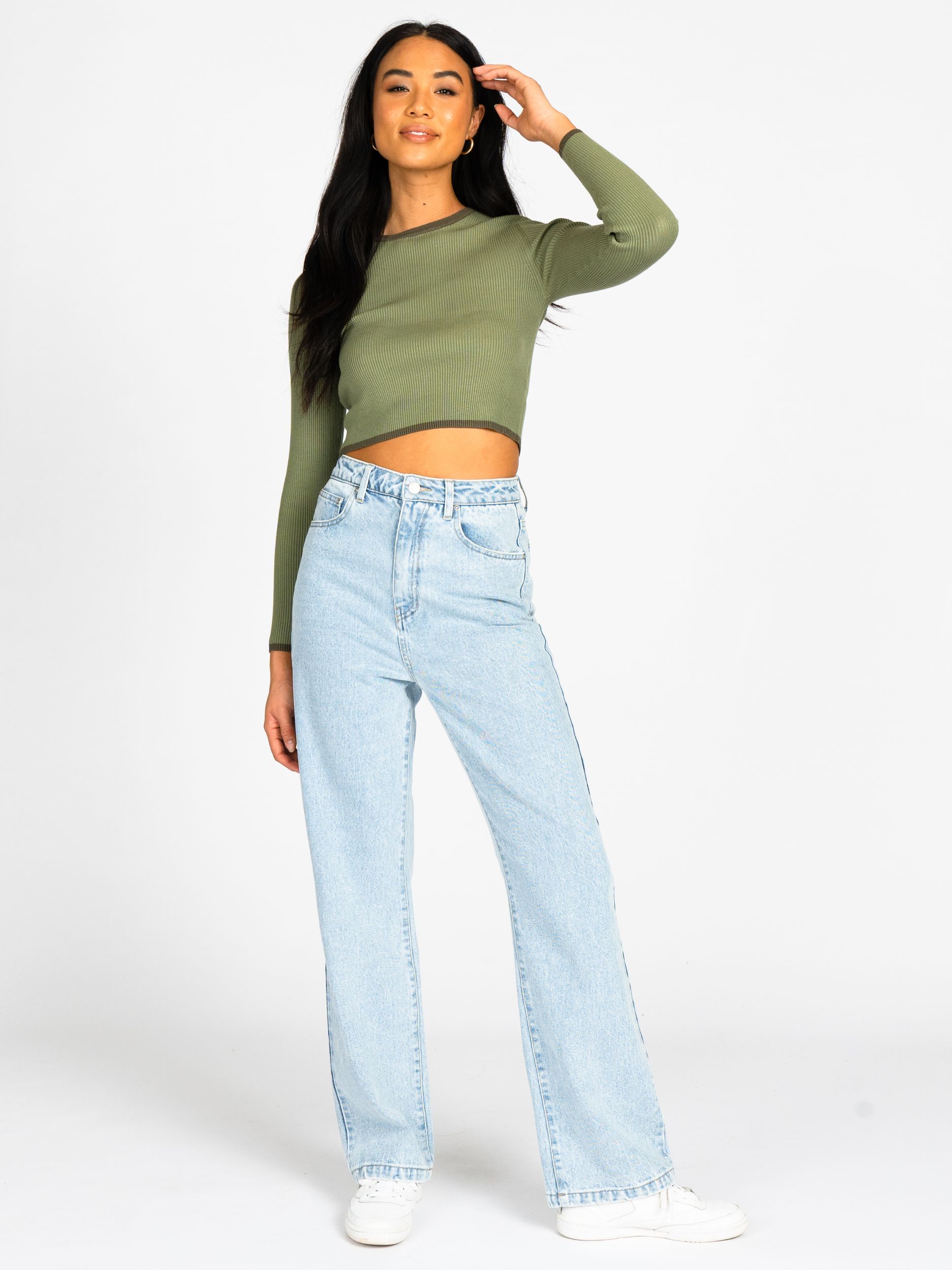 CHARIS RIBBED CROP L/S CONTRAST KNIT TOP | Rusty EU