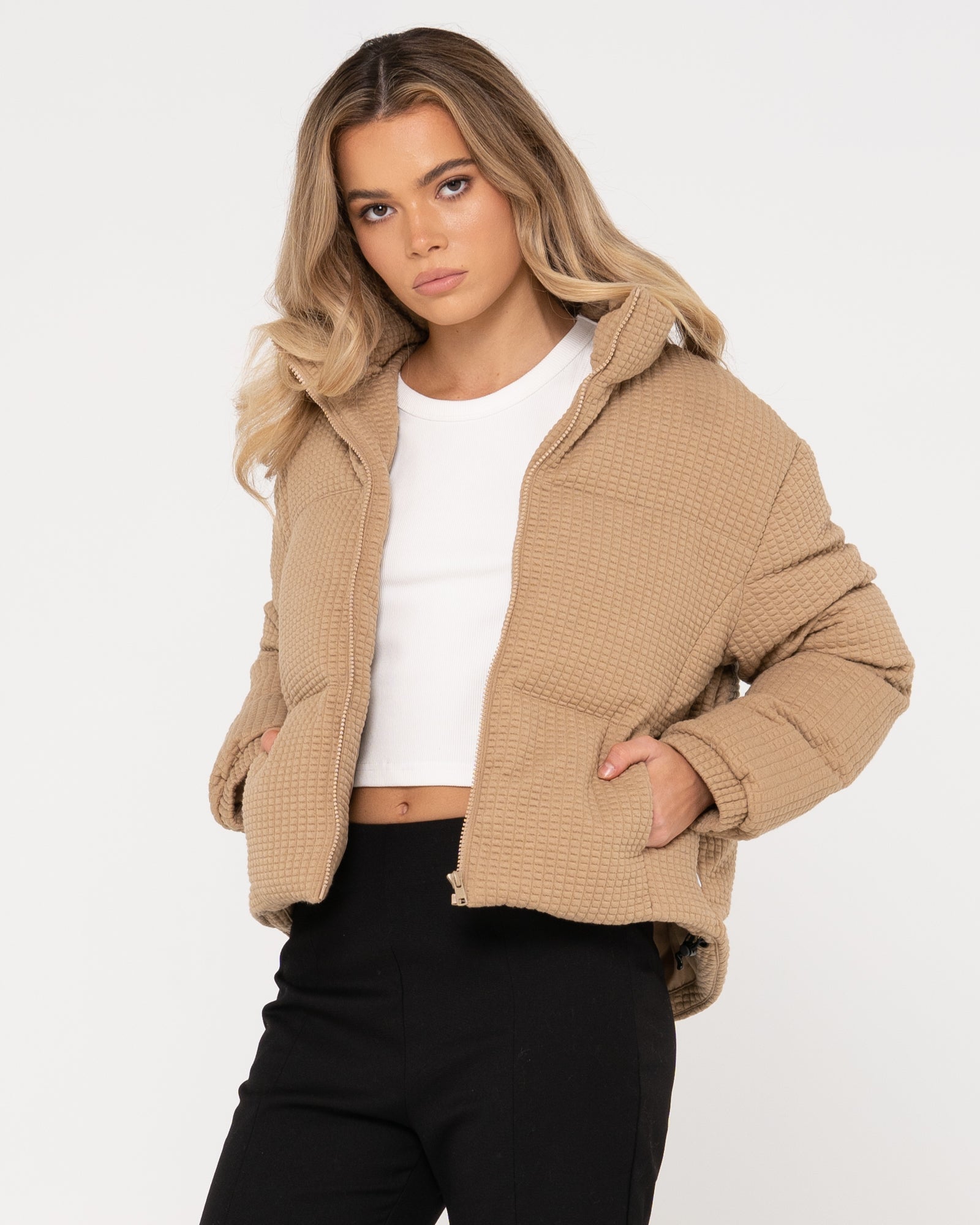 Beige cord hot sale puffer jacket